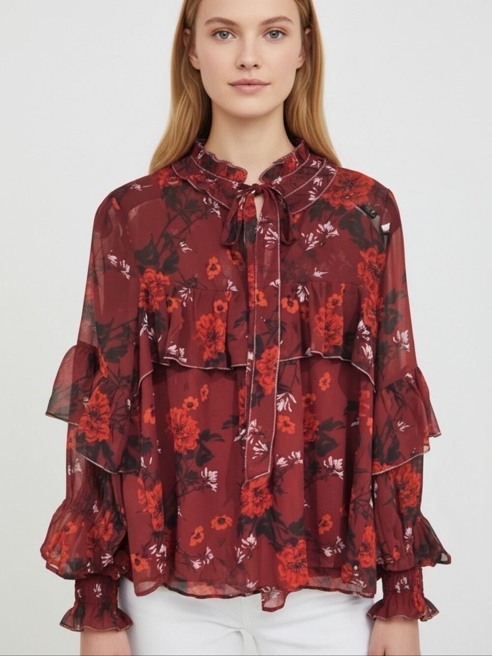 LUCKY BRAND semi sheer floral detail ruffle sleeve red blouse sz S